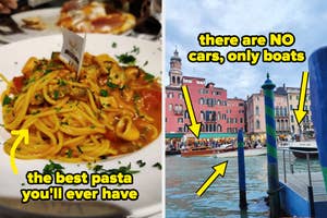 Two images side by side: Left shows a dish of pasta in Italy, right shows Venice's canals with boats and historic buildings