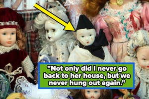 Shelf with assorted dolls; a yellow arrow points at one with an overlaid quote about a friendship ending