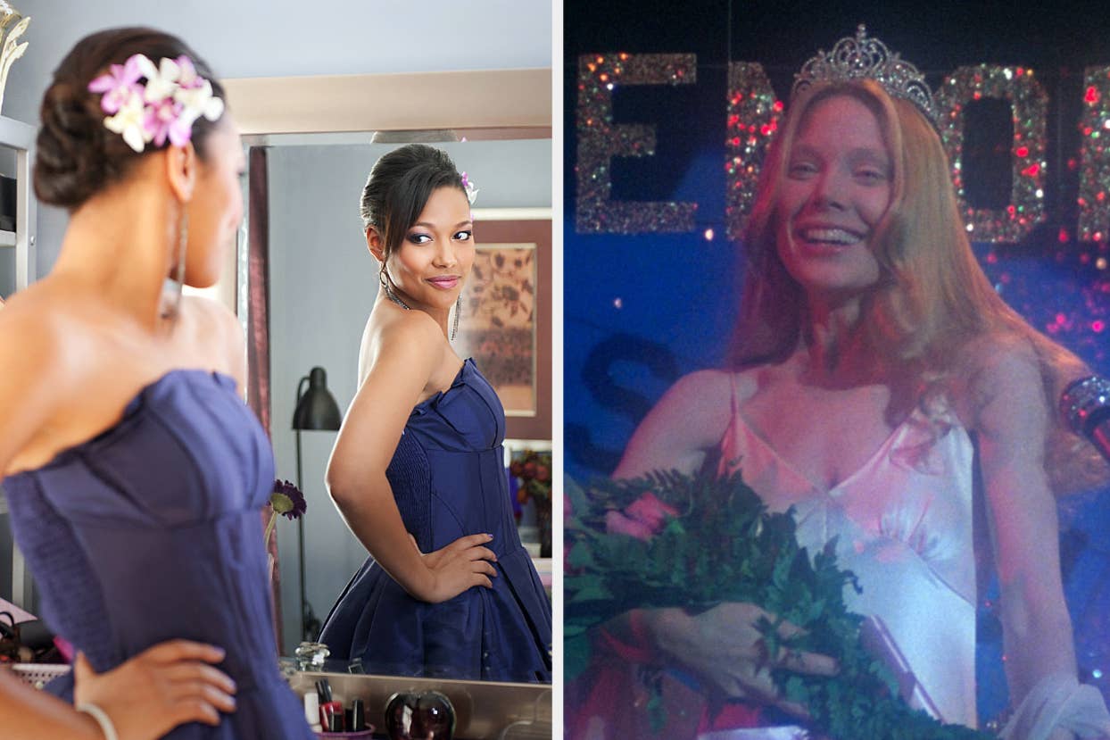 Kylie Bunbury in a blue prom dress and Sissy Spacek wearing a prom dress and wearing a crown while holding a bouquet