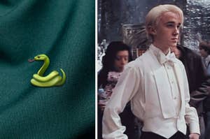 On the left, an illustration of a green snake toy; on the right, Draco Malfoy from Harry Potter in a scene