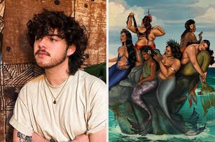 Left: A man with curly hair posing beside a wooden wall. Right: Art of diverse mermaids enjoying each other's company in the ocean