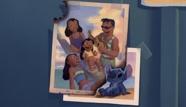 Animated characters Nani, Lilo, Stitch, and David Kawena from &#x27;Lilo &amp;amp; Stitch&#x27; in a family photo-style illustration