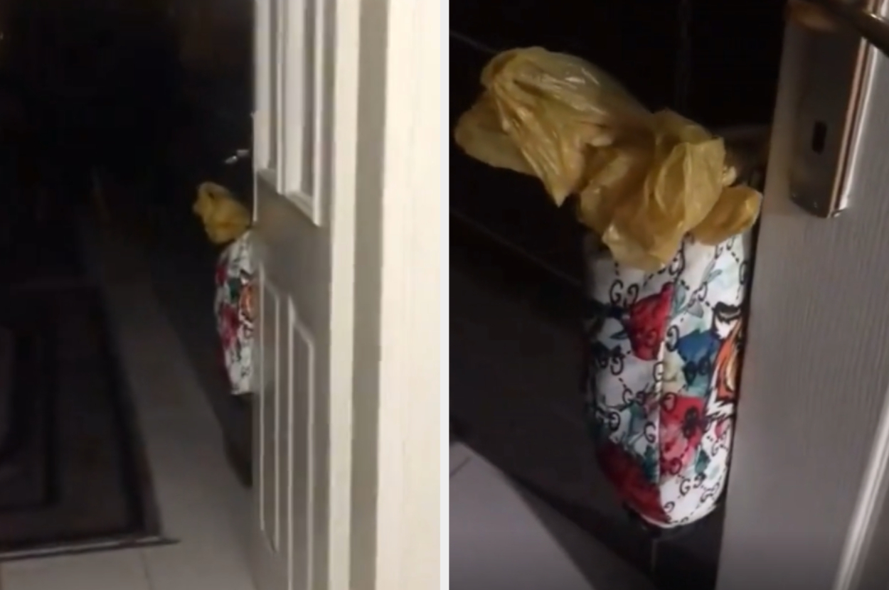A humorous door handle prank featuring a bagged item resembling a hand reaching out
