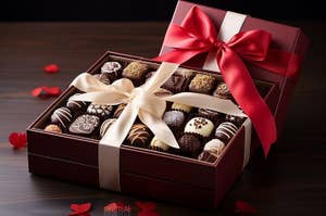 Elegant, mahogany colored box filled with decadent chocolate pieces. The box is tied in red and cream colored satin ribbons.