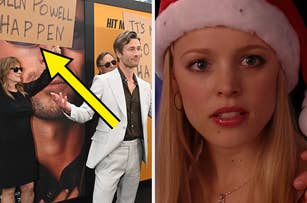 Two photos: Left shows two people at a premiere, one in a suit. Right is Regina George from "Mean Girls" in a Santa hat