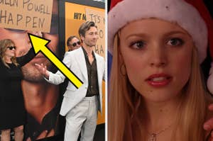 Two photos: Left shows two people at a premiere, one in a suit. Right is Regina George from "Mean Girls" in a Santa hat