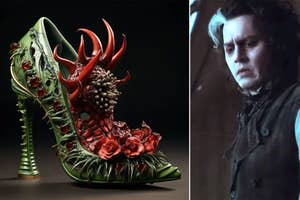 Fantasy-themed high heel with floral and horn details beside a somber individual in historical attire