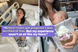 Split image: Left, hospital patient in bed; right, person holding baby and ice cream. Text discussing fears and positive experience