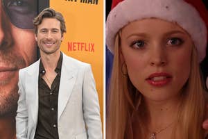 Left: Two people on a movie poster premiere red carpet, one in a dark suit, one in a light suit. Right: Elsa from Frozen in a Santa hat