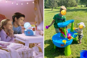 Two images: Left shows kids with star-adorned tent and projector. Right displays children playing with outdoor water toy