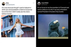 Left: A person on stage in a sparkly outfit with arms outstretched. Right: A puppet character peeking over a wall