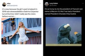 Left: A person on stage in a sparkly outfit with arms outstretched. Right: A puppet character peeking over a wall