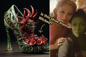 Stylized shoe resembling Elphaba from Wicked next to Glinda; text asks if the shoe is from Wicked