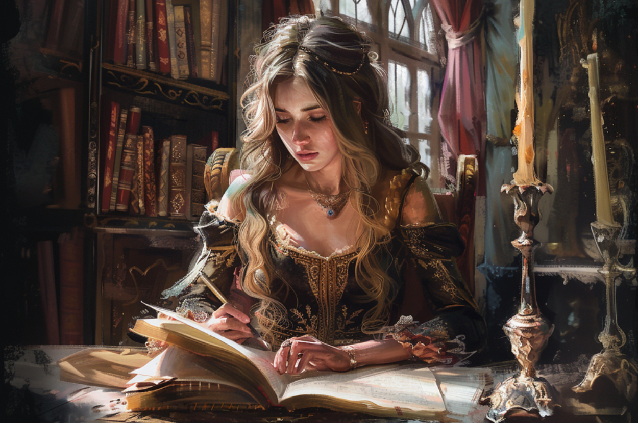 A princess reading in a library