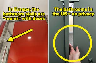Comparison of European fully enclosed bathroom stall versus US stall with privacy gaps