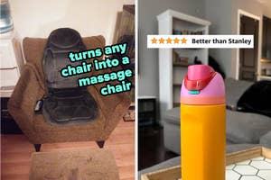 Massage chair pad on a recliner; thermos with "Better than Stanley" rating