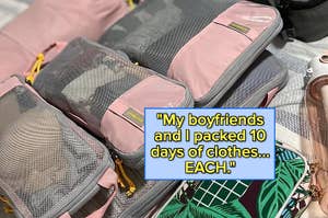 Open suitcase with clothes packed in compartmentalized bags; meme text suggests overpacking