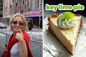 On the left, Emma Chamberlain giving a thumbs up by Radio City Music Hall, and on the right, a slice of key lime pie