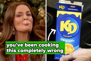 Woman smiling with pasta on her lip; hand holding Kraft Dinner box with text about a cooking mistake