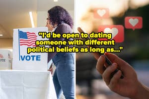 Two images side by side; on the left, a person voting, and on the right, a hand holding a smartphone with love icons. Text: dating someone with different political beliefs