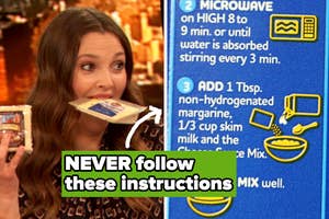 Woman grimacing while biting a box of mac and cheese with humorous text overlay advising not to follow cooking instructions