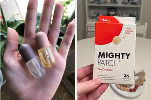Hand holds two capsules labeled Derol; another shows a Mighty Patch product box