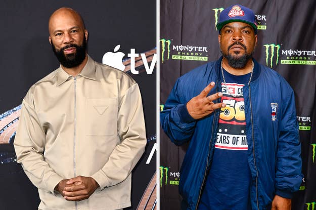 Common and Ice Cube pose separately, Common in a beige jacket, Ice Cube in a blue jacket with graphic tee, at music events
