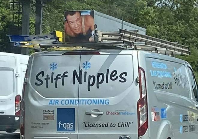 Van with &quot;Stuff Nipples Air Conditioning, Licensed to Chill&quot; slogan and humorous rooftop ad display