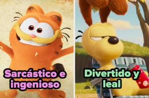 Imagen de los personajes animados Garfield y Odie con descripciones: Garfield es sarcástico e ingenioso, y Odie es divertido y leal