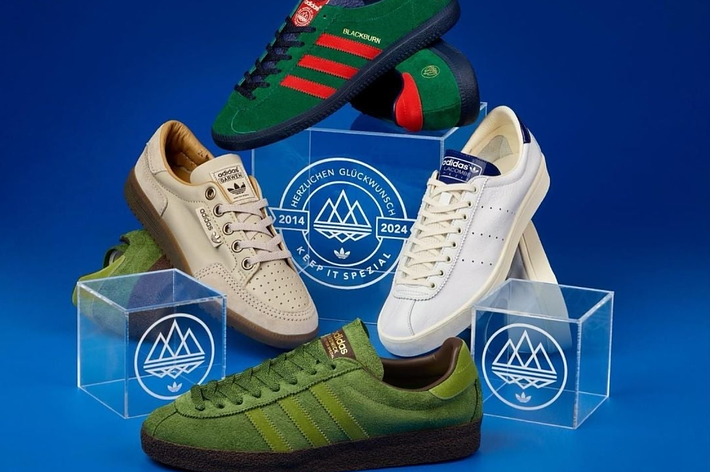 Adidas and Gucci sneakers displayed with brand logos, set against a blue background for a sneaker article