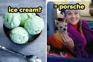 Left: Bowl of ice cream with spoon. Right: Woman in car with dog, both wearing fancy accessories