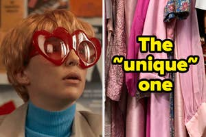 A split image with a character wearing heart-shaped glasses on the left, and a variety of quirky, textured clothing on the right with text "The 'unique' one" overlaid.