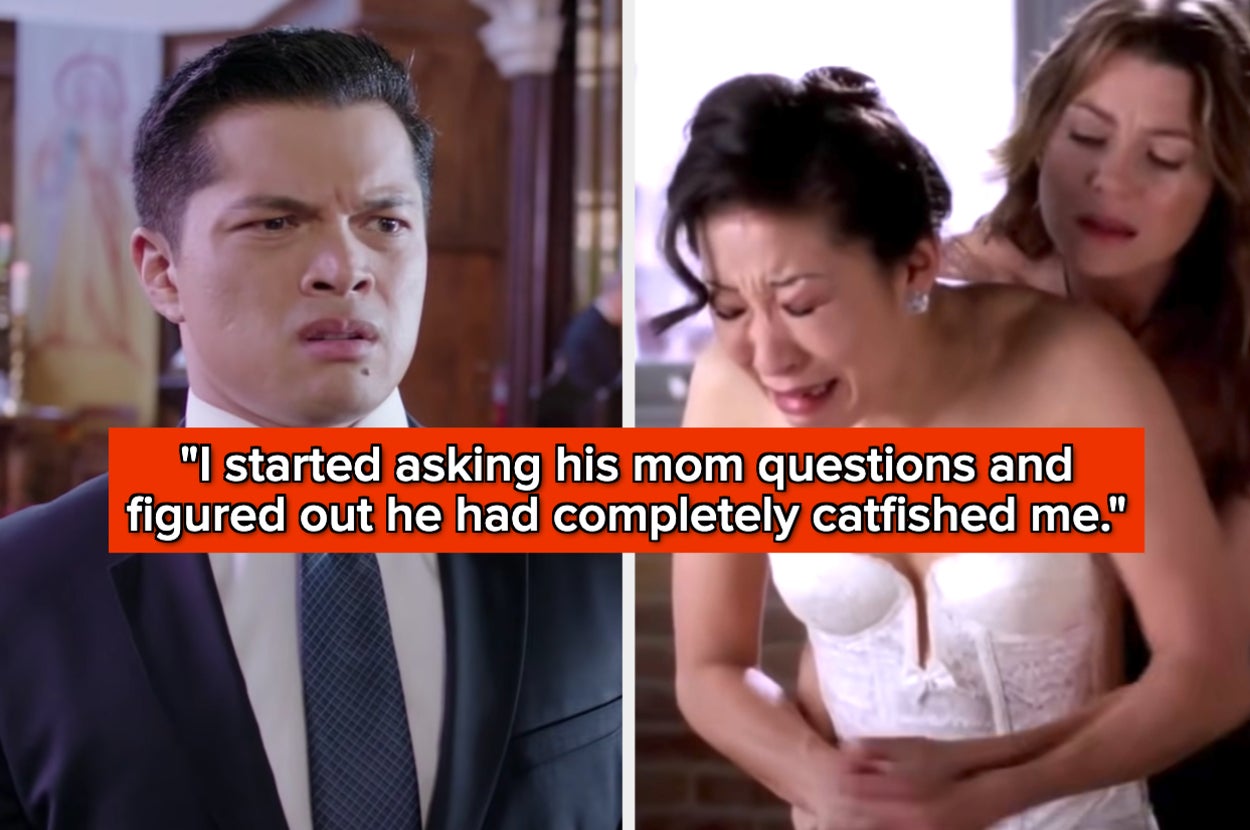 "I started asking his mom questions and figured out he had completely catfished me" over a confused groom and a sobbing bride being held by a friend