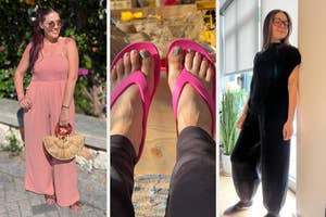 From left to right: reviewer wearing sleeveless pink jumpsuit, reviewer wearing pink Crocs flip-flops, reviewer wearing matching black lounge set