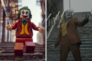 LEGO Joker figure next to Joker character dancing on stairs from the movie
