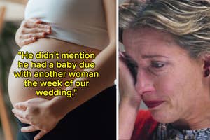 Two split images; left: a pregnant person holding their belly, right: a person crying with a quote about infidelity