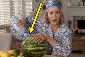 Woman in pajamas pouring water on a watermelon, surprised expression, eye mask on head