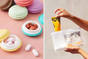 Two images side by side; left shows pastel macarons with beauty products inside, right is a hand holding a Pattern haircare bottle