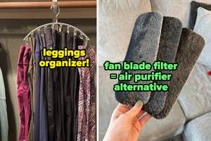 reviewer's hanger holding multiple pairs of leggings / reviewer holding three dirty fan blade filters