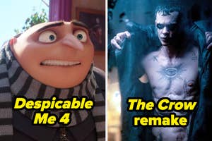 Gru from Despicable Me 4; actor in The Crow remake with tattoos and intense expression