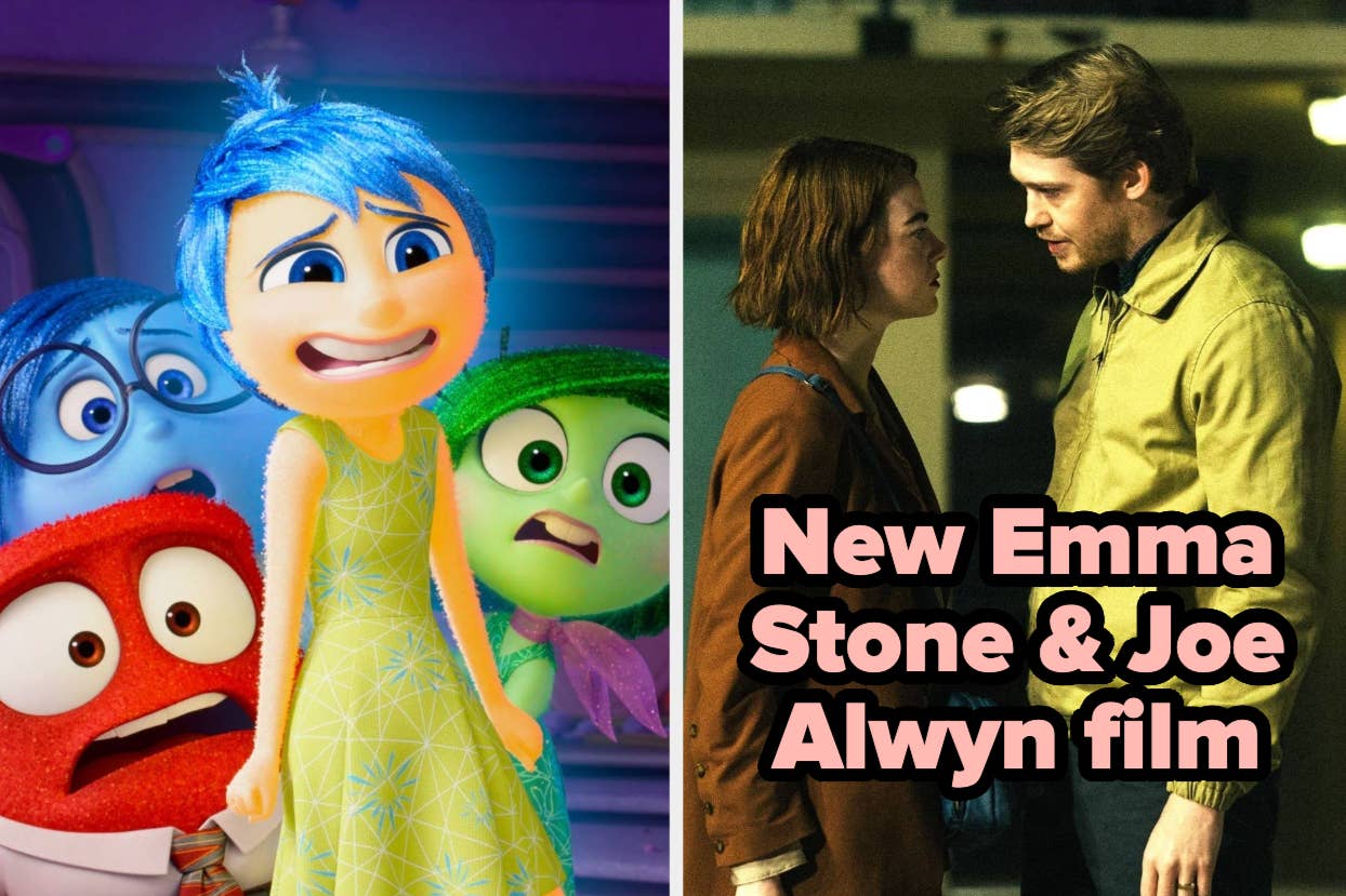 Left: Characters Joy, Sadness, and Disgust from 'Inside Out'. Right: Promotion for Emma Stone & Joe Alwyn film
