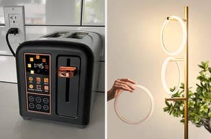 : a digital toaster and a hand-adjustable circular wall lamp