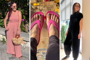From left to right: reviewer wearing sleeveless pink jumpsuit, reviewer wearing pink Crocs flip-flops, reviewer wearing matching black lounge set