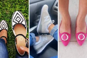 (left) black and white sandals (middle) grey sneakers (right) pink flats