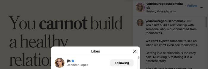 Text on screen with Jennifer Lopez&#x27;s Instagram interface showing a liked post, discussing relationship health