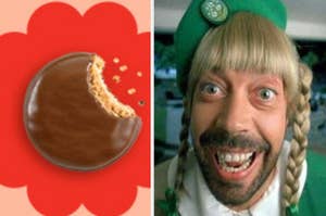 Graphic split in two with a bitten cookie on the left and Tim Curry as a Girl Scout on the right