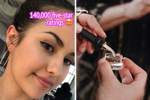 Woman showing off winged eyeliner; another hand holding eyeliner product near a jar