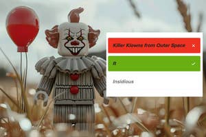 LEGO Pennywise with red balloon, quiz interface asking to identify movie with "It" option selected
