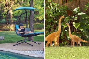 Left: Person relaxing on a swing chair by a poolside. Right: Dinosaur sculptures in a garden setting