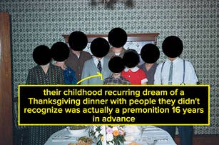 Group of people at a Thanksgiving dinner table overlaid with text about a premonitory dream